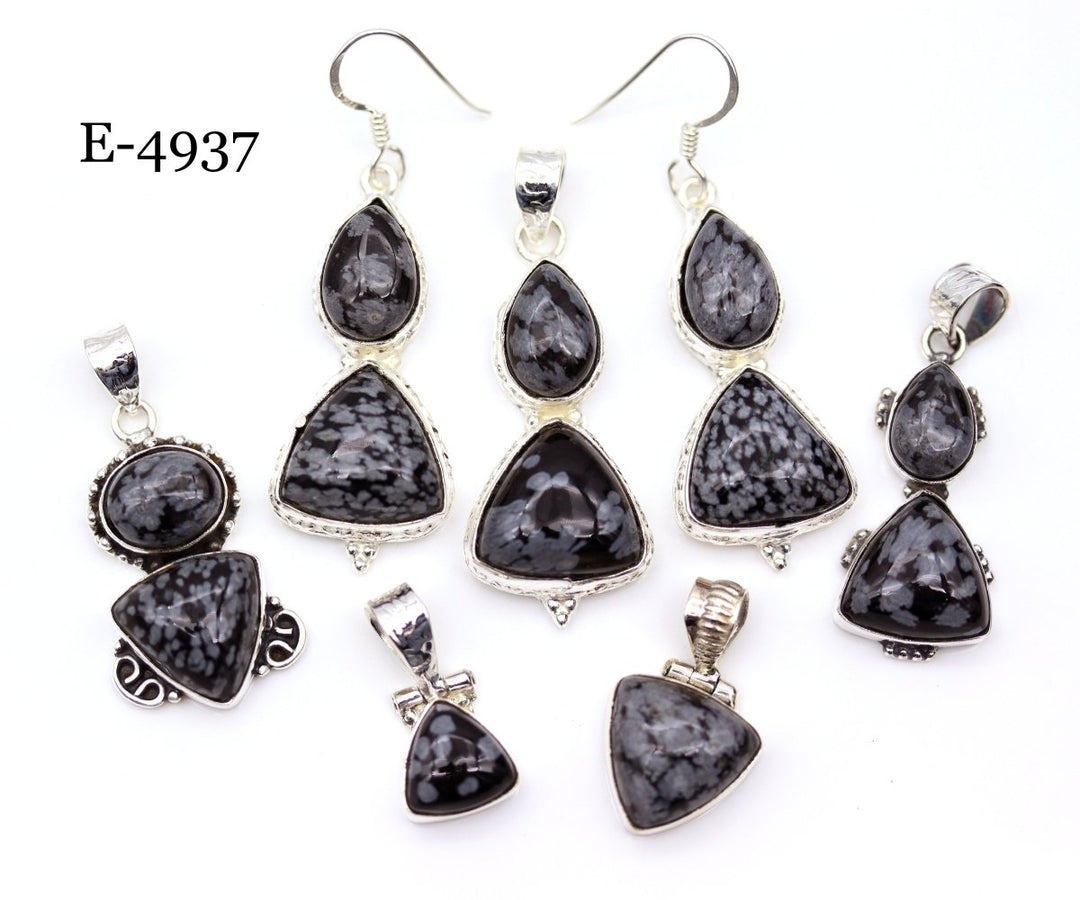 E-4937 Sterling Silver 925 Snowflake Obsidian Pendant/Earring Set