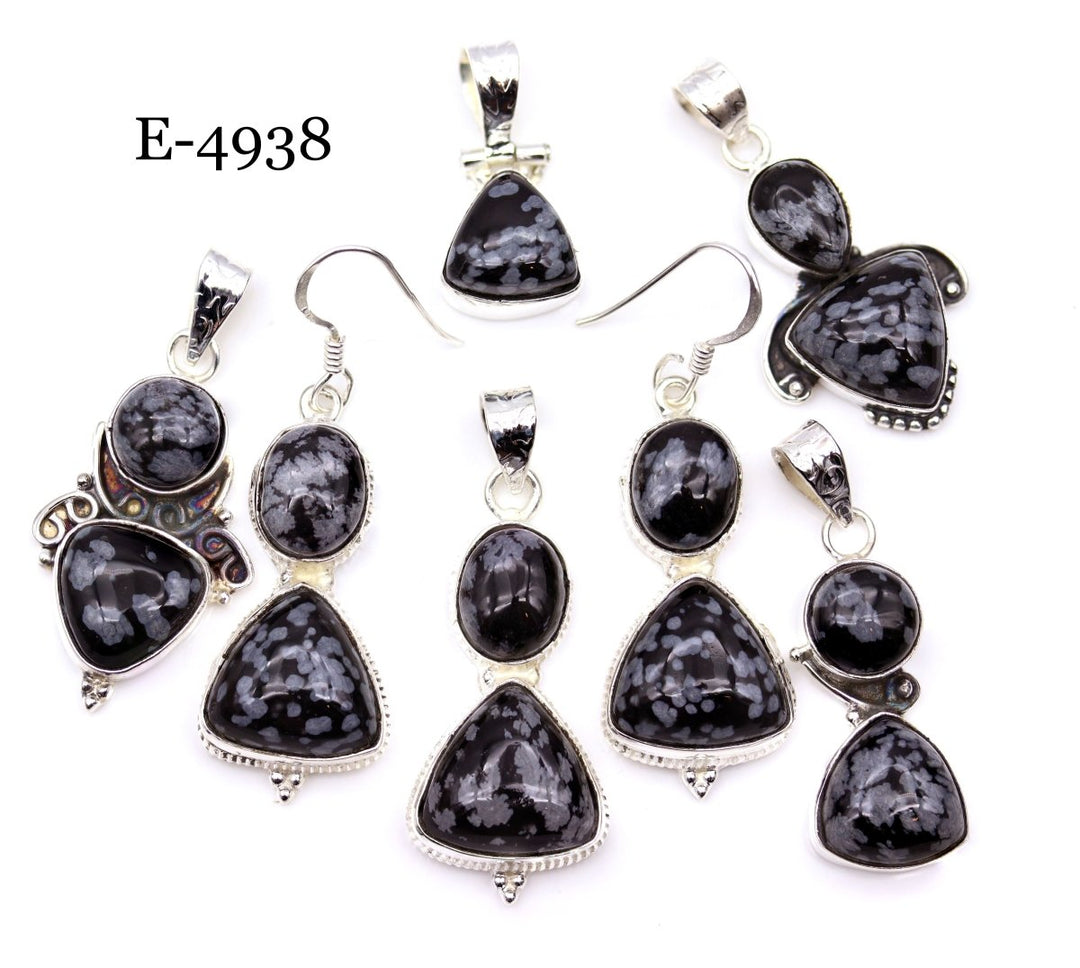 E-4938 Sterling Silver 925 Snowflake Obsidian Pendant/Earring Set