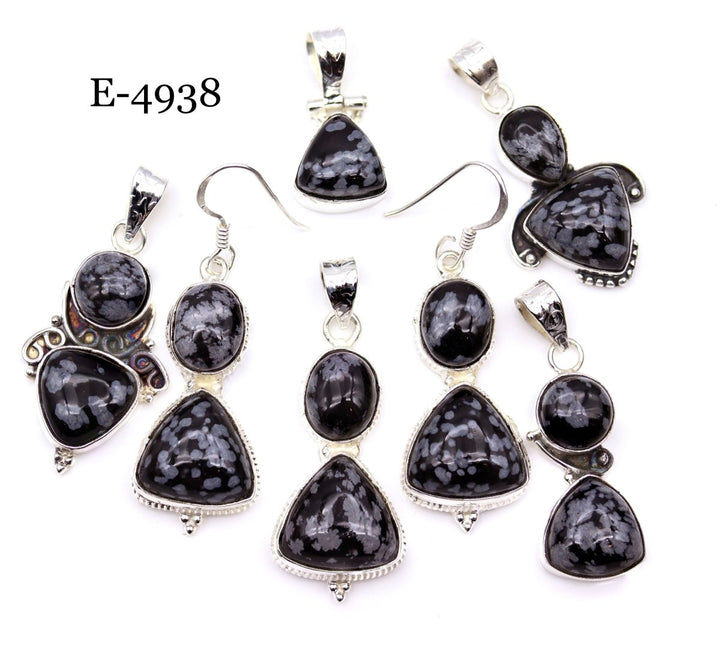 E - 4938 Sterling Silver 925 Snowflake Obsidian Pendant/Earring SetCrystal River Gems
