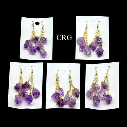 Amethyst 3-Point Dangle Earrings with Gold Ear Wire (2 Pieces) Size 1 to 2 Inches Crystal Jewelry