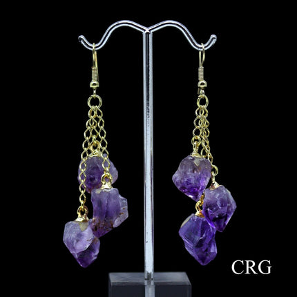 Amethyst 3-Point Dangle Earrings with Gold Ear Wire (2 Pieces) Size 1 to 2 Inches Crystal Jewelry