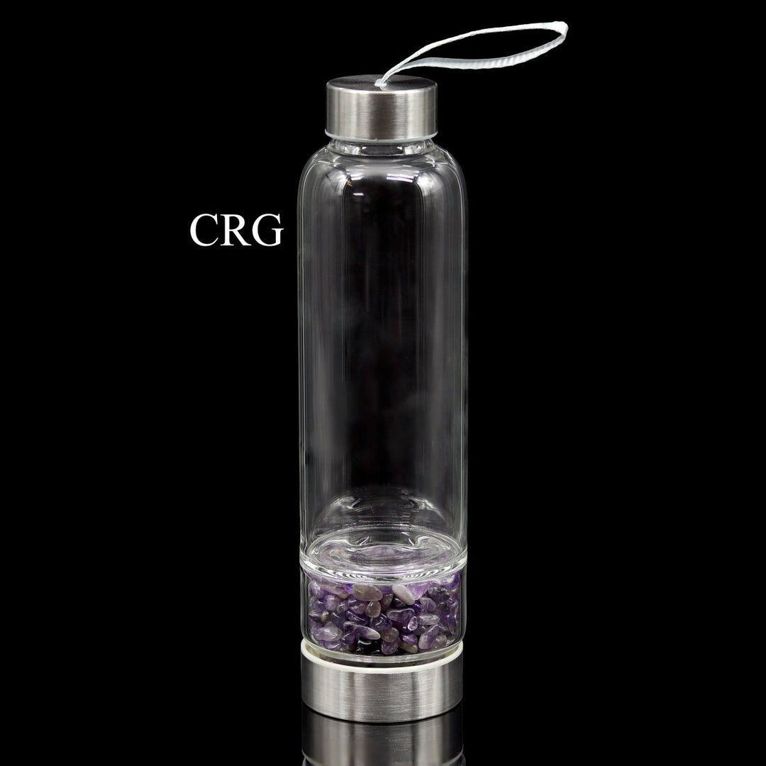 Amethyst Gemstone Metal Glass Water Bottle (1 Piece) Size 12 Inches with Black Protective Sleeve
