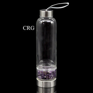 Amethyst Gemstone Metal Glass Water Bottle (1 Piece) Size 12 Inches with Black Protective Sleeve