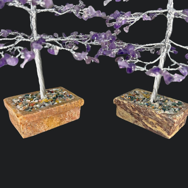 Amethyst Large Gemstone Tree Silver Wire On Soapstone Base (5 to 6 Inches) (Set of 2) Crystal Chip Style Decorative Display