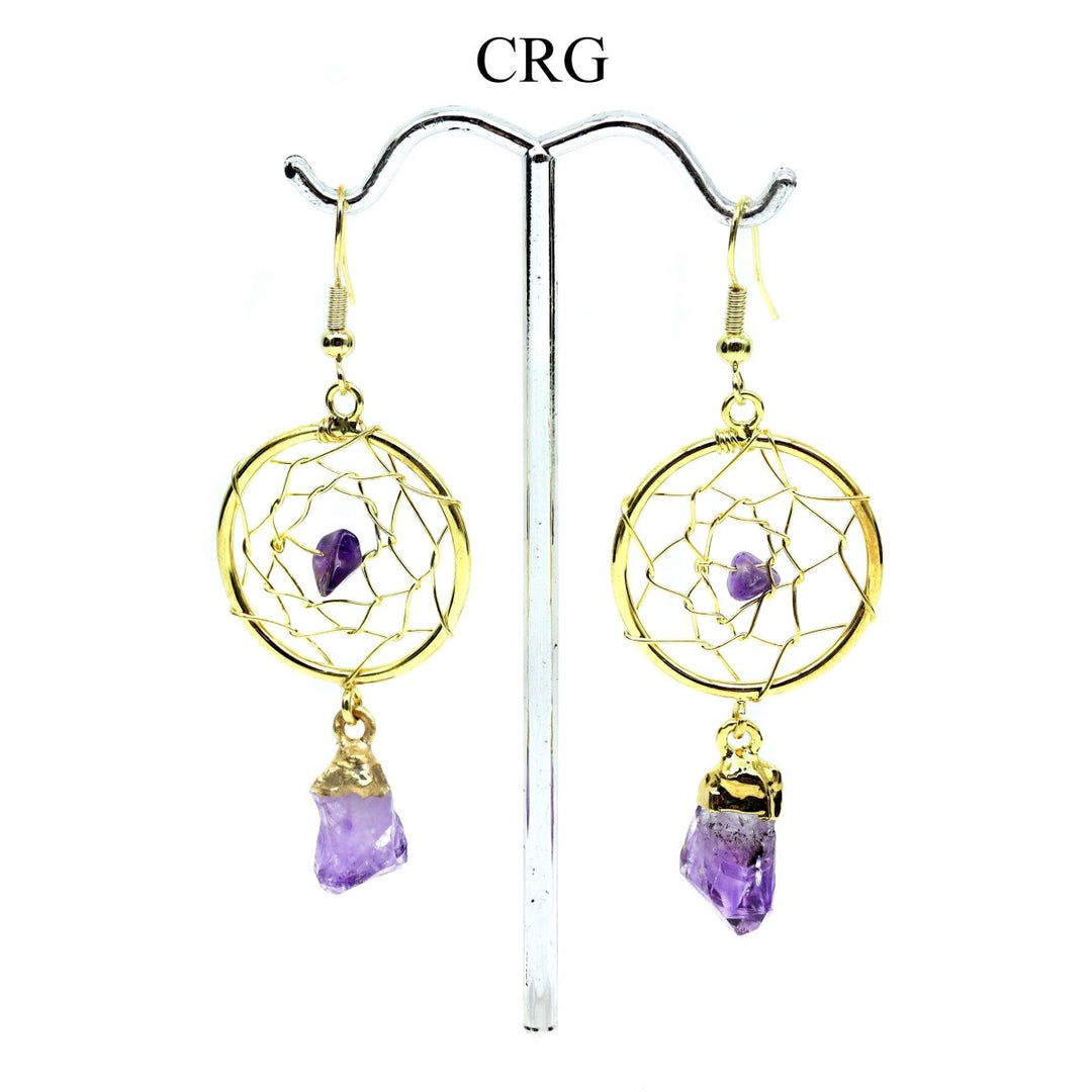 Amethyst Point Dream Catcher Earrings with Gold Plating (2 Pieces) Size 1.5 to 2 Inches Crystal Jewelry