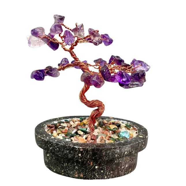 Amethyst Tiny Gemstone Tree Copper Wire On Soapstone Base (4 to 5 Inches) (Set Of 2) Crystal Chip Style Decorative Display
