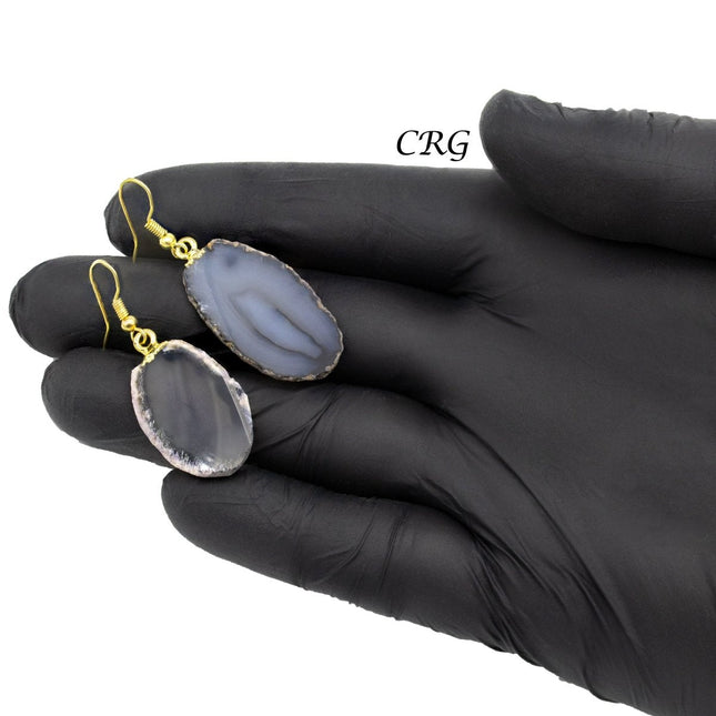 Black Agate Slice Earrings with Gold-Plated Ear Wire (2 Pieces) Size 1 to 2 Inches Crystal Jewelry