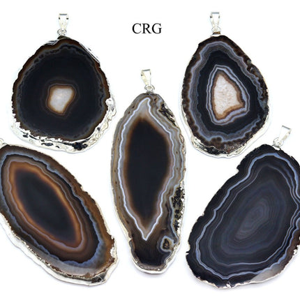 Black Agate Slice Pendant with Silver Plating (4 Pieces) Size 1 to 2 Inches Crystal Jewelry Charm