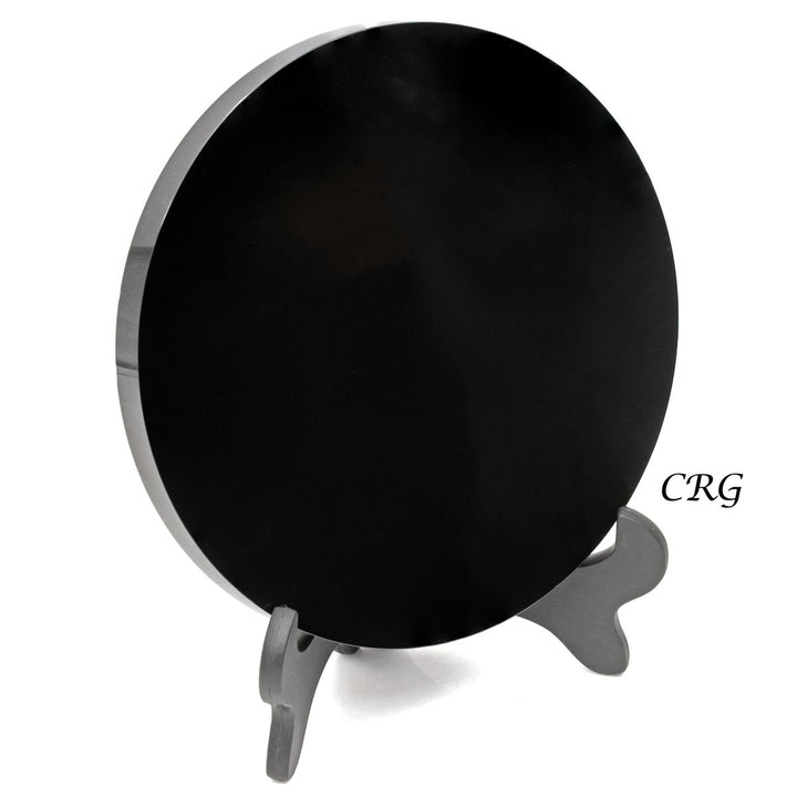 Black Obsidian Disk with Stand (2 Pieces) Size 7 to 8 Inches Polished Smooth Crystal Disk