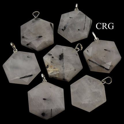 Black Rutile Faceted Hexagon Pendant with Silver Bail (1 in) Crystal Charm (4 pcs) - Crystal River Gems