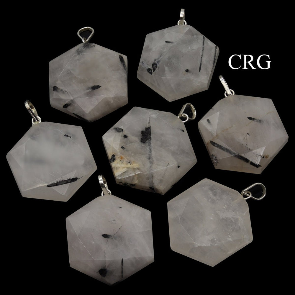 Black Rutile Faceted Hexagon Pendant with Silver Bail (1 in) Crystal Charm (4 pcs)