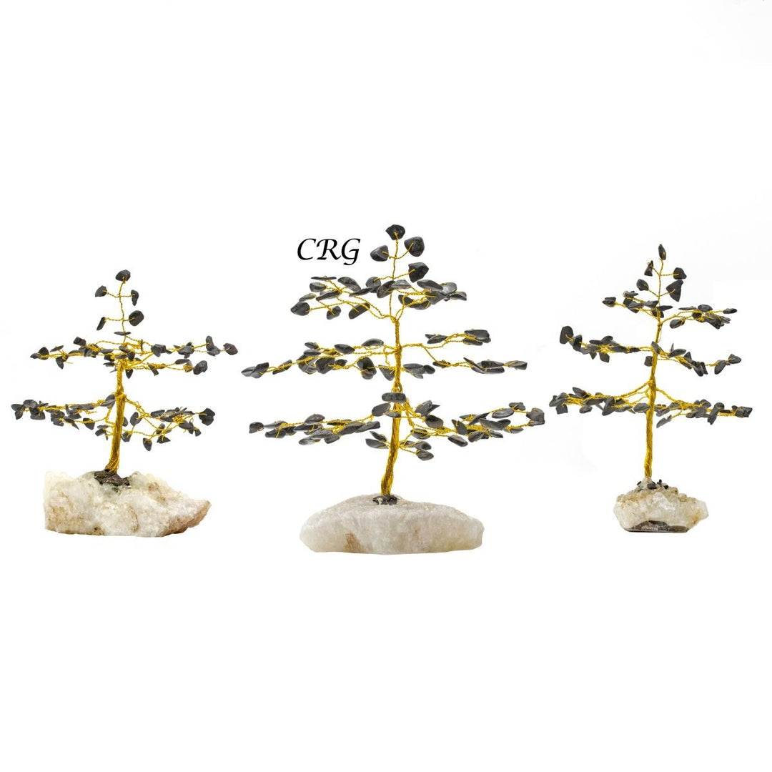 Black Tourmaline 100 Chip Tree with Cluster Base and Gold Wire (1 Piece) Size 6.5 Inches Crystal Gemstone Decor