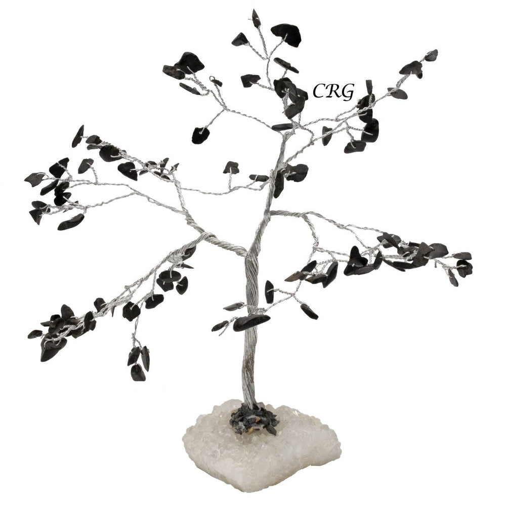 Black Tourmaline 100 Chip Tree with Cluster Base and Silver Wire (1 Piece) Size 6.5 Inches Crystal Gemstone Decor