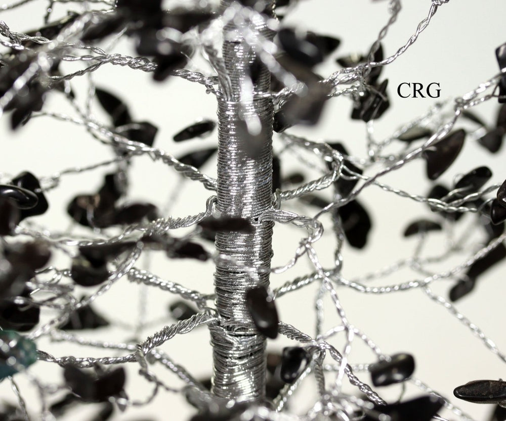 Black Tourmaline 500 Gemstone Chip Tree with Wood Base and Silver Wire (1 Piece) Size 12 to 13 Inches Crystal DecorCrystal River Gems