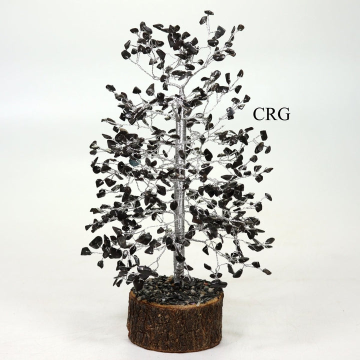 Black Tourmaline 500 Gemstone Chip Tree with Wood Base and Silver Wire (1 Piece) Size 12 to 13 Inches Crystal DecorCrystal River Gems