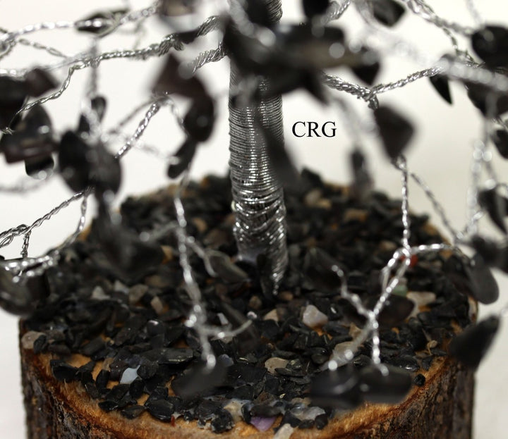 Black Tourmaline 500 Gemstone Chip Tree with Wood Base and Silver Wire (1 Piece) Size 12 to 13 Inches Crystal DecorCrystal River Gems