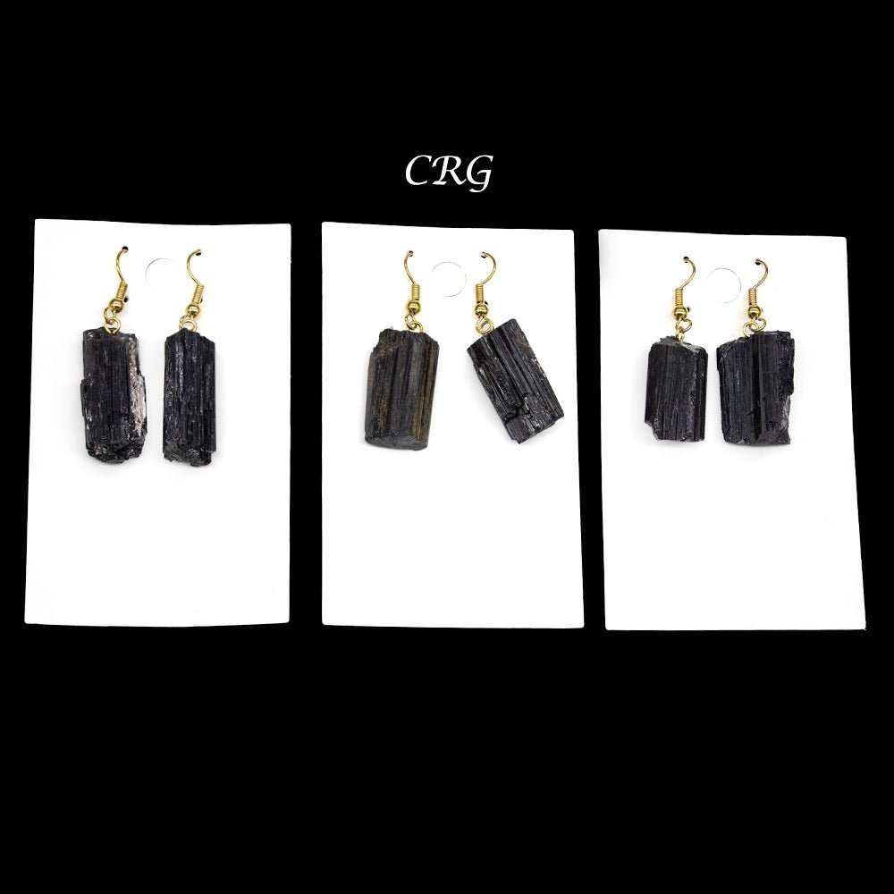 Black Tourmaline Rough Earrings with Gold-Plated Ear Wire (2 Pieces) Size 1 to 2 Inches Crystal Jewelry