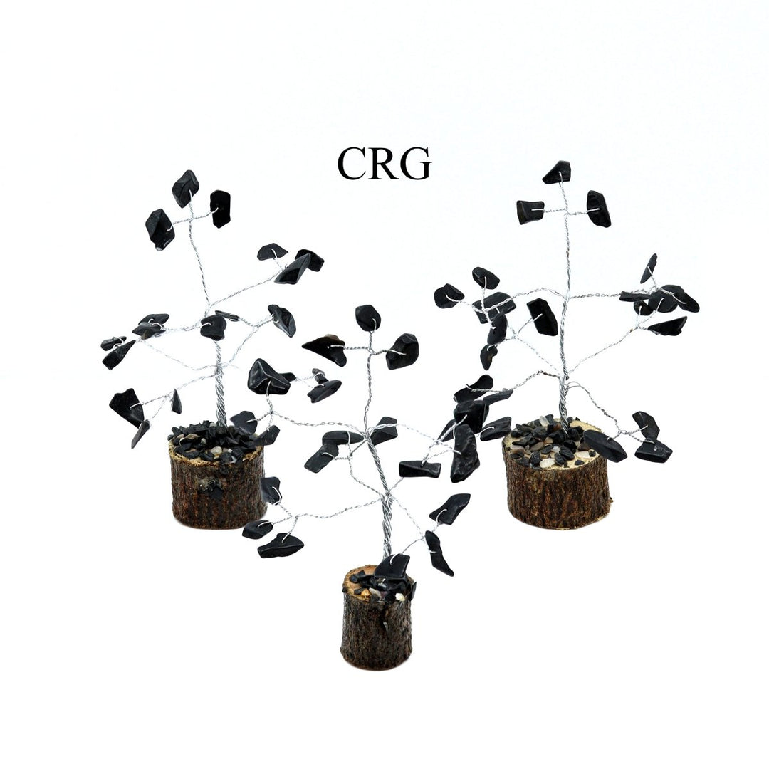 Black Tourmaline Silver-Wired Chip Tree on Wood Base (4 Pieces) Size 3 to 4 Inches Crystal Gemstone Decor