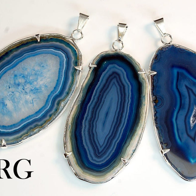 Blue Agate Slice Pendant with Silver-Plated Prong Setting (4 Pieces) Size 1 to 2 Inches Crystal Jewelry Charm