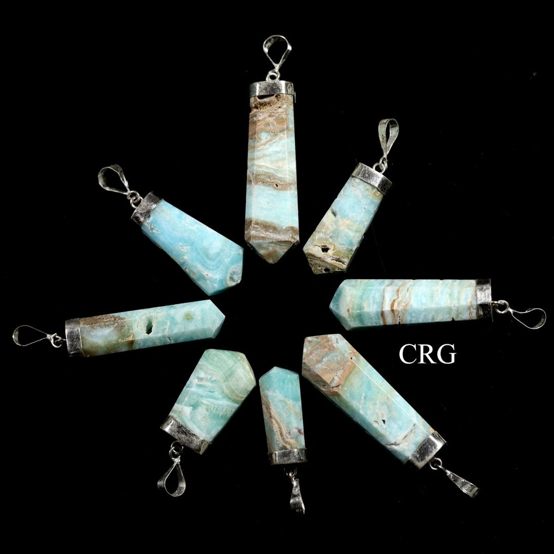 Blue Aragonite and Caribbean Calcite Point Pendant with Silver Plating (1 Piece) Size 1.5 to 2 Inches 8-Sided Charms