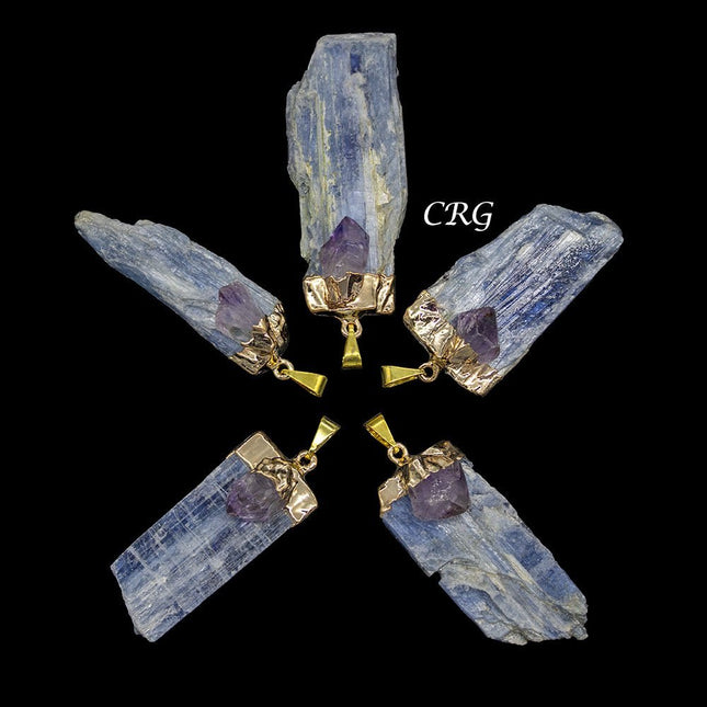 Blue Kyanite Blade Pendant with Small Amethyst and Gold Plating (4 Pieces) Size 1 to 2 Inches Crystal Charm - Crystal River Gems