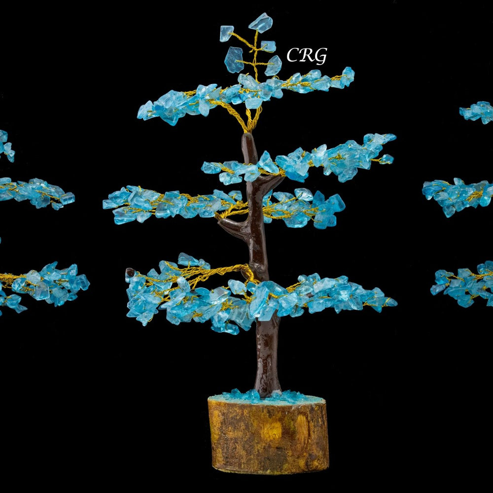 Blue Topaz 300 Chip Tree with Wood Base and Gold Wire (1 Piece) Size 9 Inches Crystal Gemstone Tree