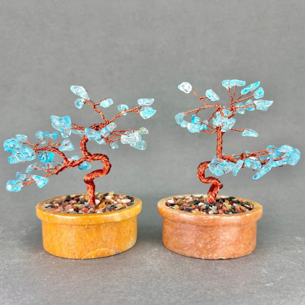 Blue Topaz Tiny Gemstone Tree Copper Wire On Soapstone Base (4 to 5 Inches) (Set Of 2) Crystal Chip Style Decorative Display