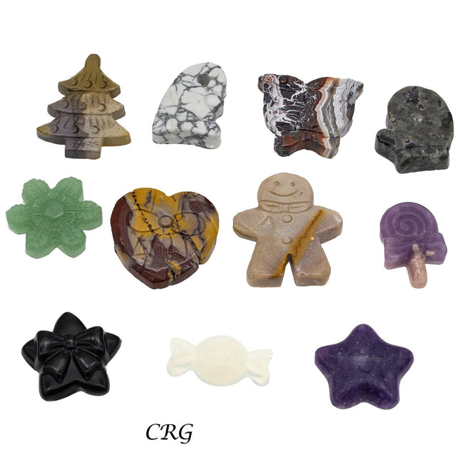 Christmas Shapes Mixed Gemstone Carvings (6 Pieces) Size 1.5 Inches Assorted Crystal Shapes
