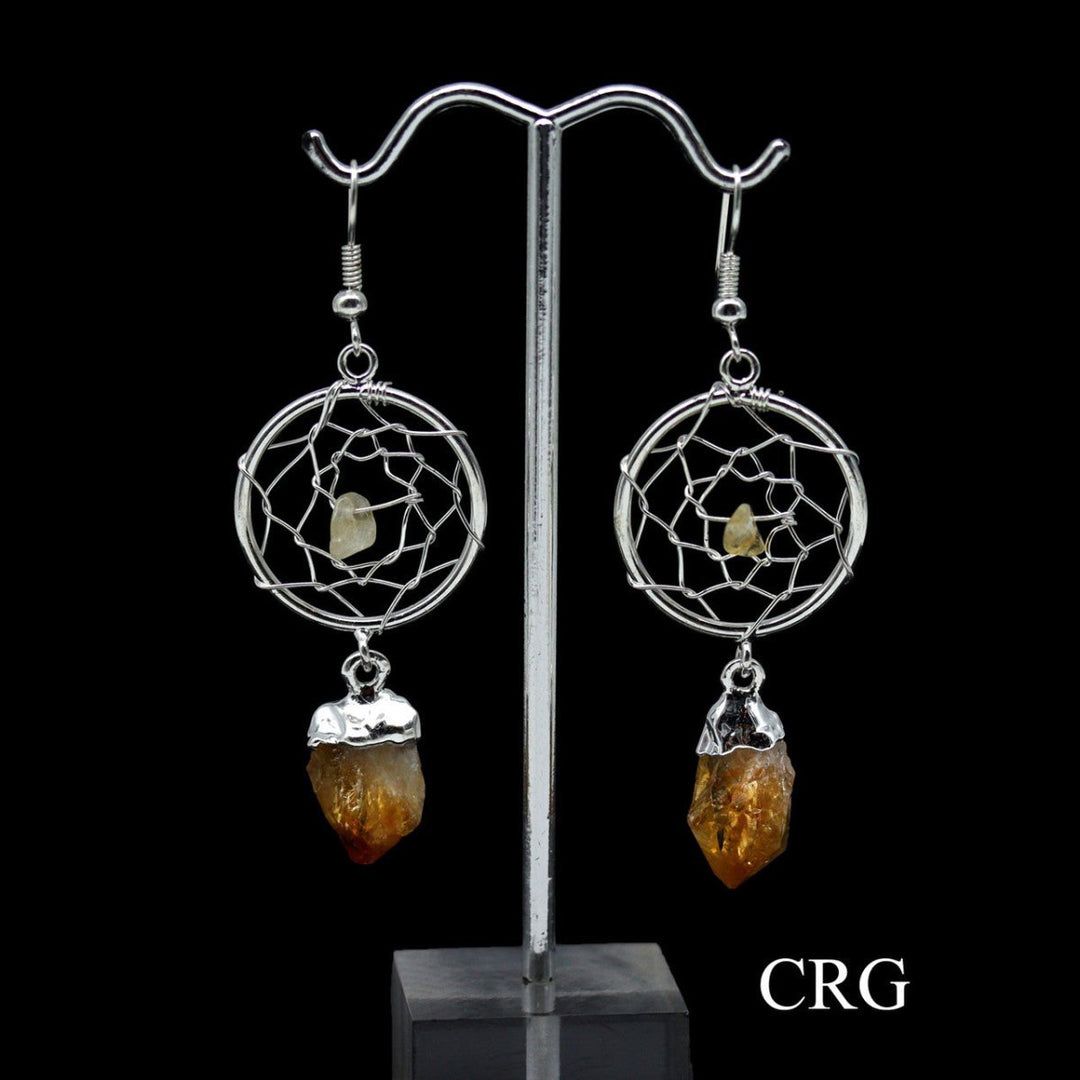 Citrine Point Dream Catcher Earrings with Silver Plating (2 Pieces) Size 2 Inches Crystal Jewelry