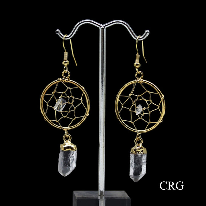 Clear Quartz Dream Catcher Earrings with Gold Plating (2 Pieces) Size 2 Inches Crystal Jewelry