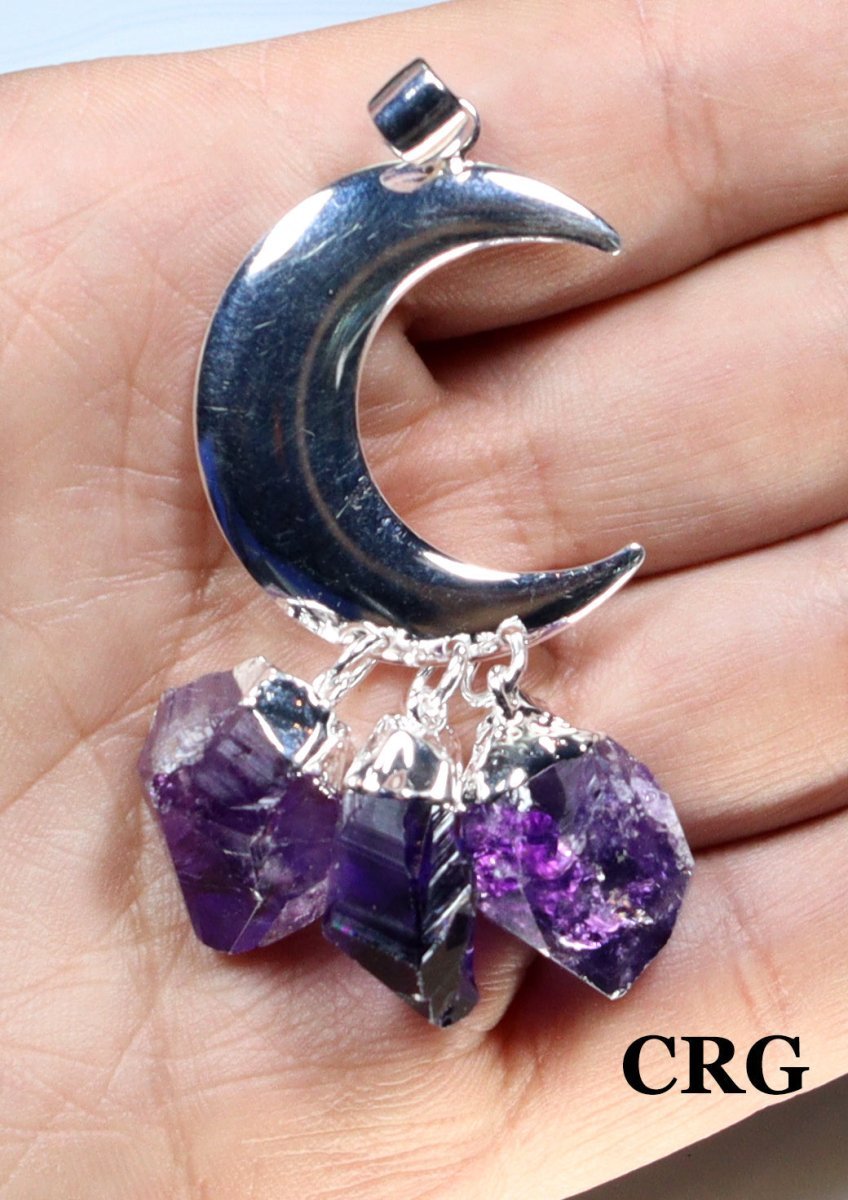 Crescent Moon Pendant with 3 Raw Amethyst Points and Silver Plating (1 Piece) Size 4 Inches Crystal Jewelry Charm