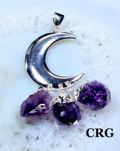 Silver Plated Crescent Moon Pendant with Amethyst Points (2.75 Inches) (1 Piece)