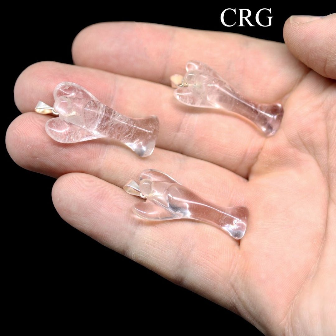 Crystal Quartz Angel Pendant with Silver Bail (5 Pieces) Size 25 to 35 mm Clear Crystal Gemstone Carvings