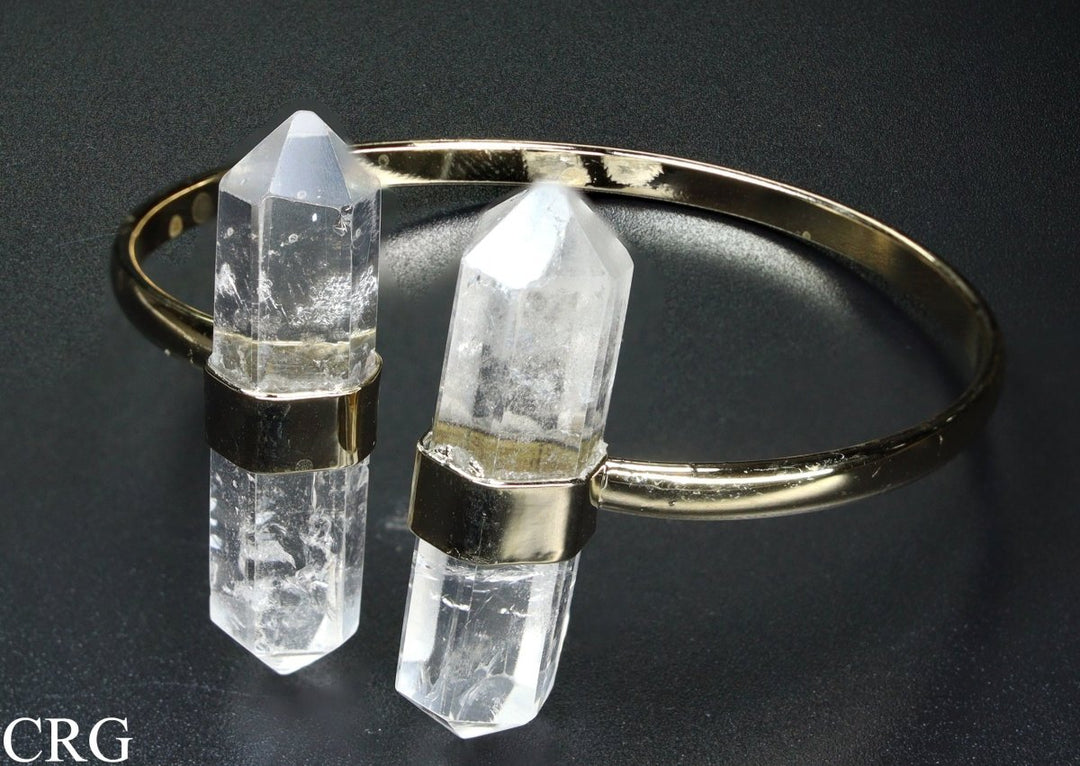 Crystal Quartz Bi-Terminated Cuff Bracelet with Gold Plating (1 Piece) Size 2.75 Inches Jewelry Armlet