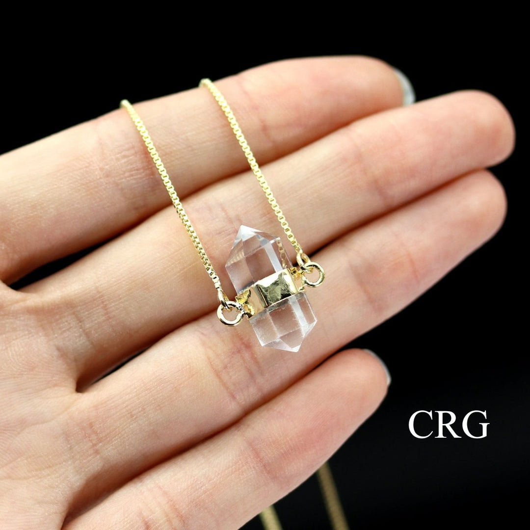 Crystal Quartz Bi-Terminated Small Necklace with Gold Plating (1 Piece) Size 0.75 Inches Jewelry Charm
