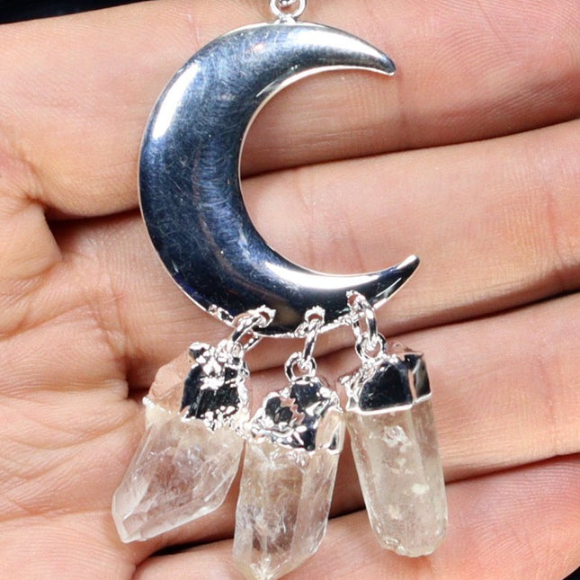 Crystal Quartz Raw Point Pendant with Silver-Plated Moon (1 Piece) Size 2 to 3 Inches Crystal Jewelry Charm