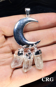 Crystal Quartz Raw 3 Point Pendant with Silver-Plated Moon (1 Inch) (1 Piece)