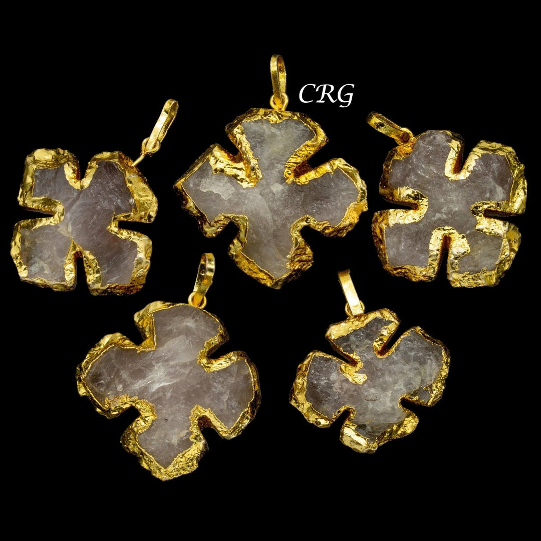 Crystal & Rose Quartz Cross Pendants with Gold Plating (5 Pieces) Wholesale Crystal Gemstone Jewelry Supply Parts Beads Charms