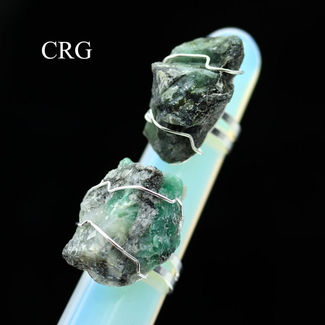 Emerald Adjustable Ring (1.5 Inches) (1 Pc) Silver-Plated Rough Green Stone Jewelry - Crystal River Gems