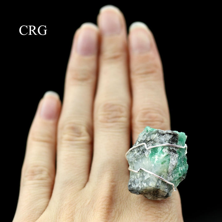 Emerald Adjustable Ring (1.5 Inches) (1 Pc) Silver-Plated Rough Green Stone Jewelry