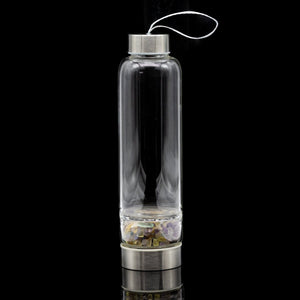 Fluorite Gemstone Metal Glass Water Bottle (1 Piece) Size 12 Inches with Black Protective Sleeve