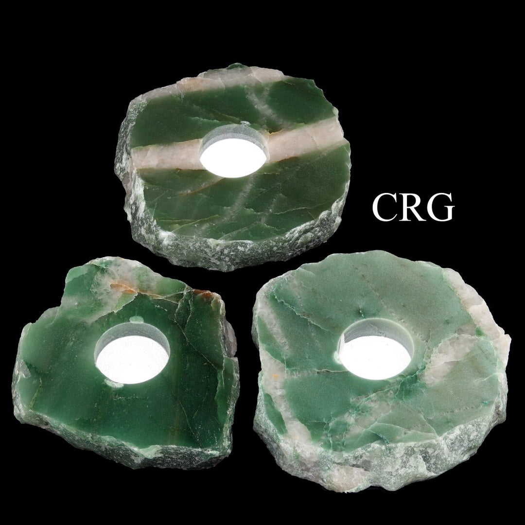 Green and White Quartz Tea Light Candle Holder (4 - 5 Inches) (1 Pc) Thick Top Polished Quartz Slab w/ Felt BottomCrystal River Gems