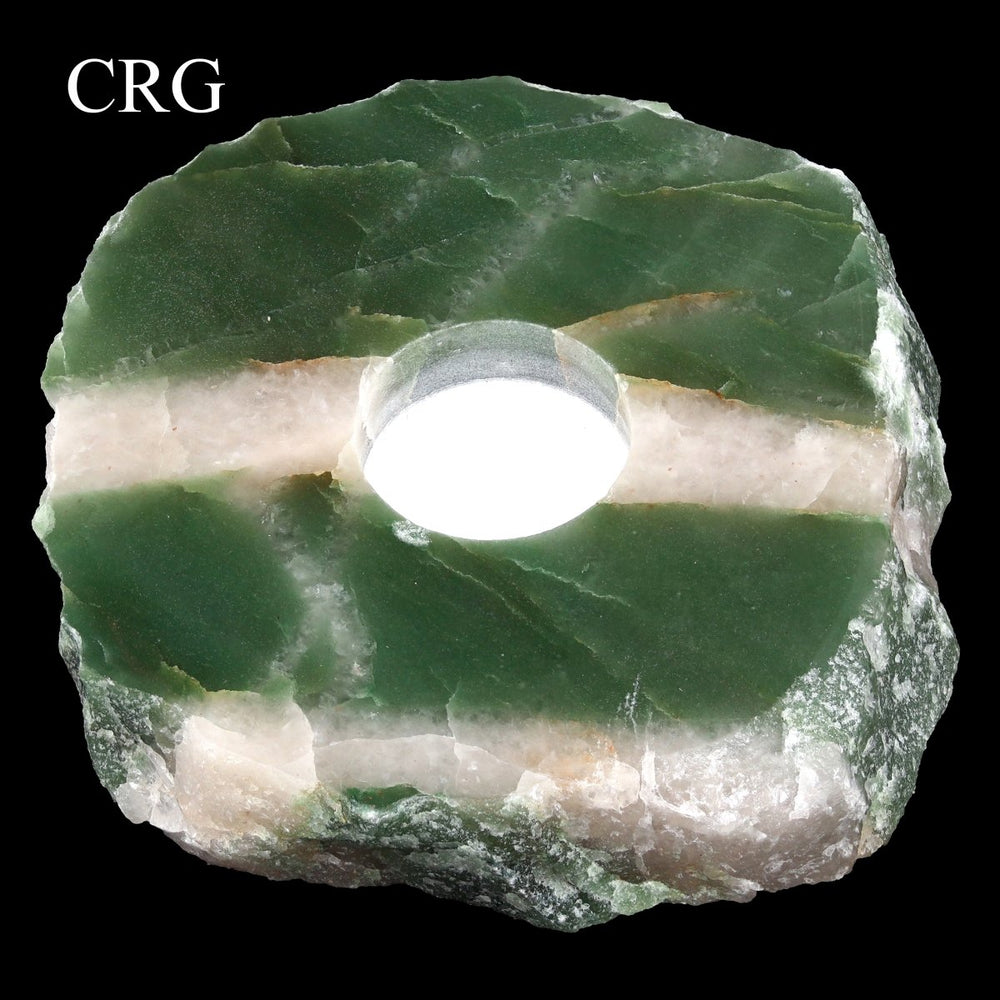 Green and White Quartz Tea Light Candle Holder (4 - 5 Inches) (1 Pc) Thick Top Polished Quartz Slab w/ Felt BottomCrystal River Gems