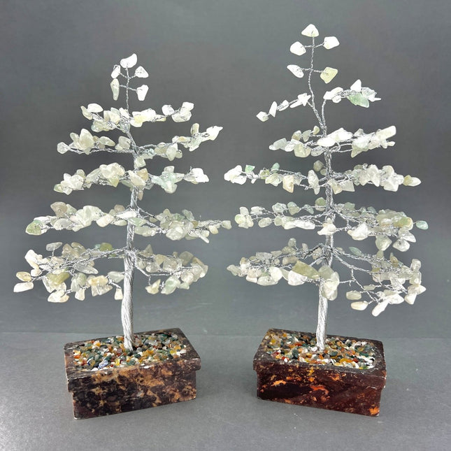 Green Aventurine Large Gemstone Tree Silver Wire On Soapstone Base (5 to 6 Inches) (Set of 2) Crystal Chip Style Decorative Display