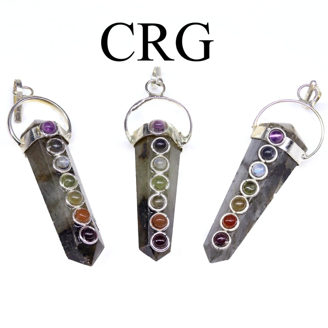 Labradorite Pencil Point Pendant with 7 Stone Detail and Silver Plating (4 Pieces) Size 1.5 Inches Crystal Jewelry Charm