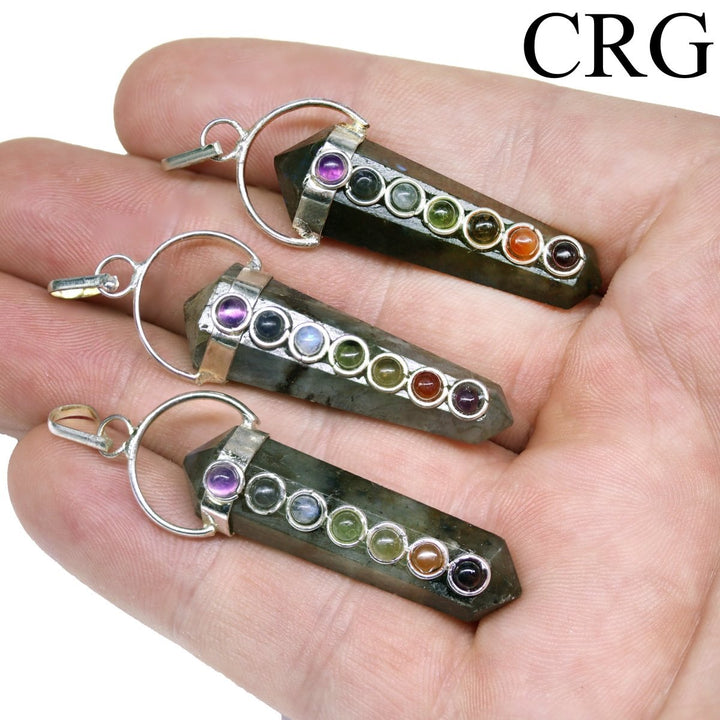 Labradorite Pencil Point Pendant with 7 Stone Detail and Silver Plating (4 Pieces) Size 1.5 Inches Crystal Jewelry CharmCrystal River Gems