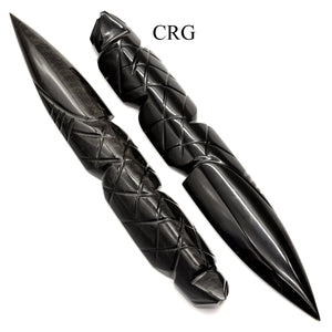 Large Black Obsidian Dagger w/ Etched Handle / 7.5
