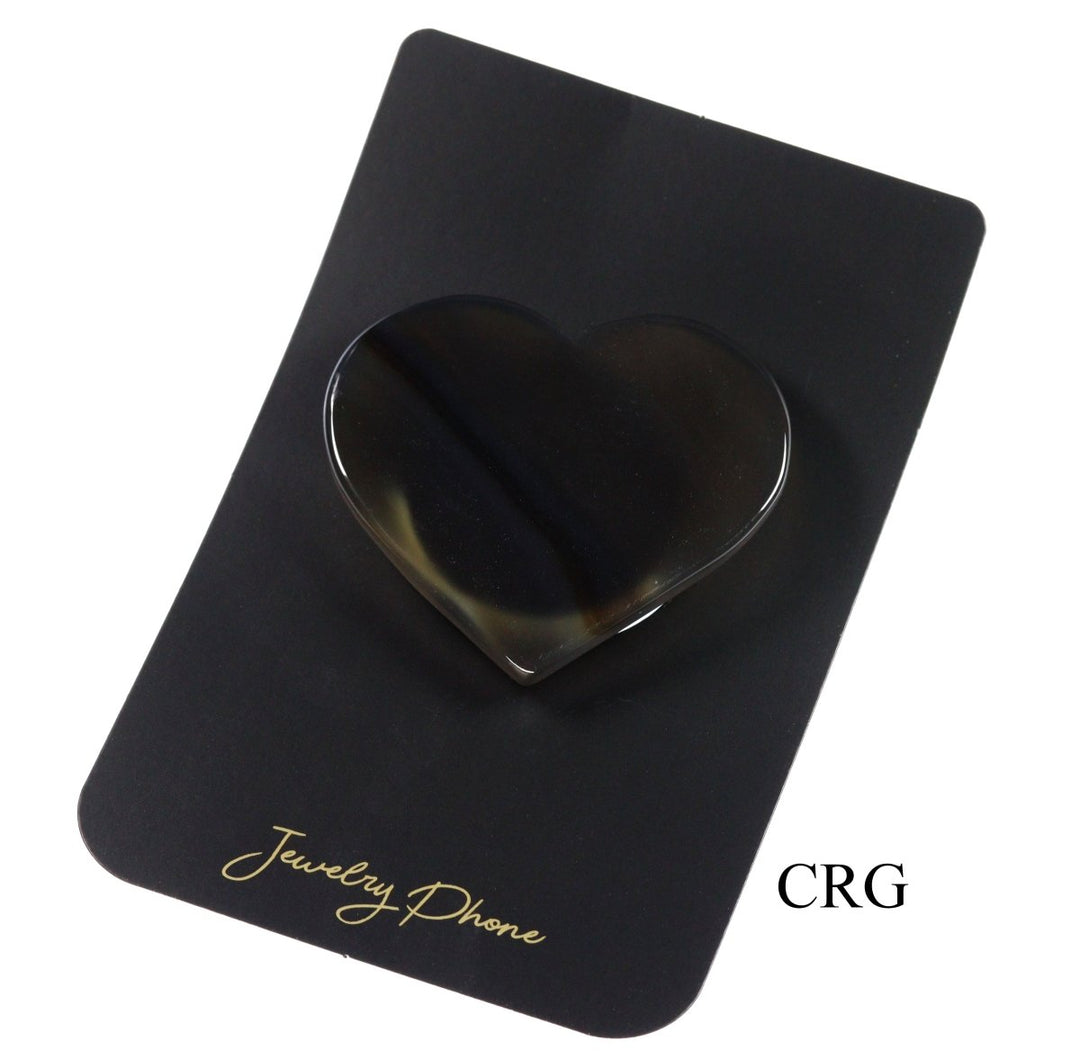 LOT OF 4- Polished BLACK Agate Slice Heart Phone Grips / 2-3" AVG