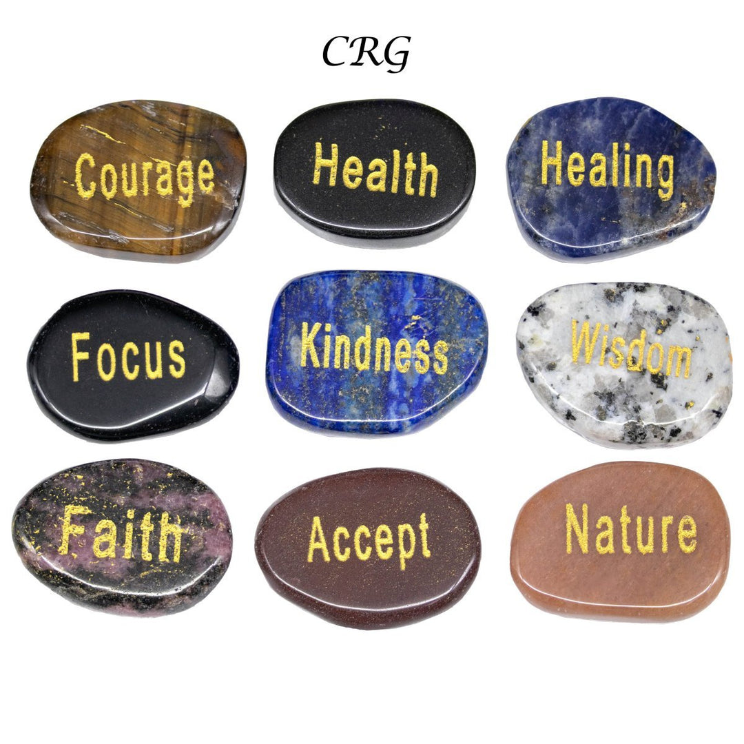 Mixed Worry Stones with Words (50 Pieces) Size 1 Inch Assorted Gemstone Palm Stones