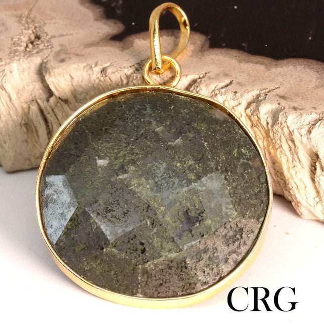 Moss Agate Circle Pendant with Gold Plating (1 Piece) Size 1.5 Inches Faceted Crystal Jewelry Charm